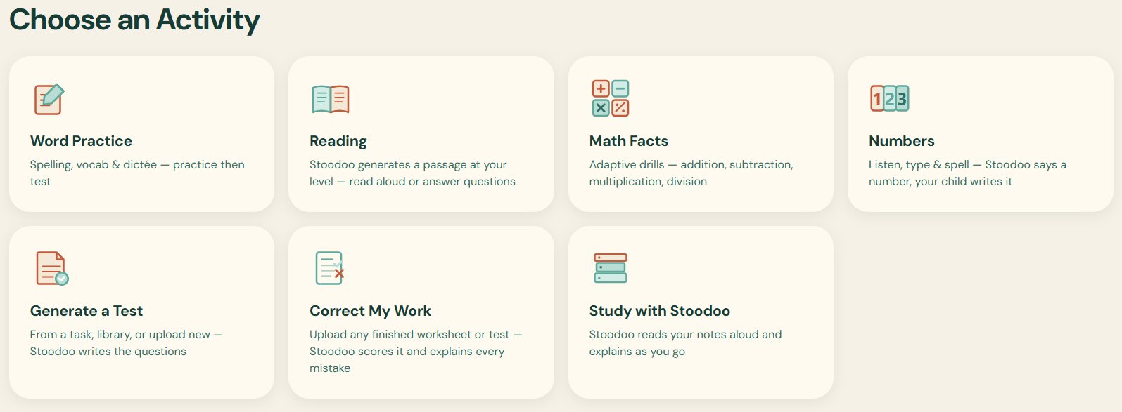 Practice Hub — seven activity tiles